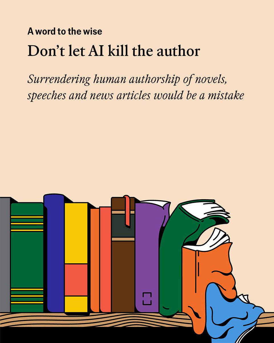 TheEconomist's tweet photo. AI text is now winning literary awards, occupying op-ed pages and, as we report this week, filling the mouths of politicians. Both writers and readers should be wary of passing the pen to the bots https://t.co/g60nEiTacq

Illustration: Fortunate Joaquin https://t.co/qaDO7k1qb0