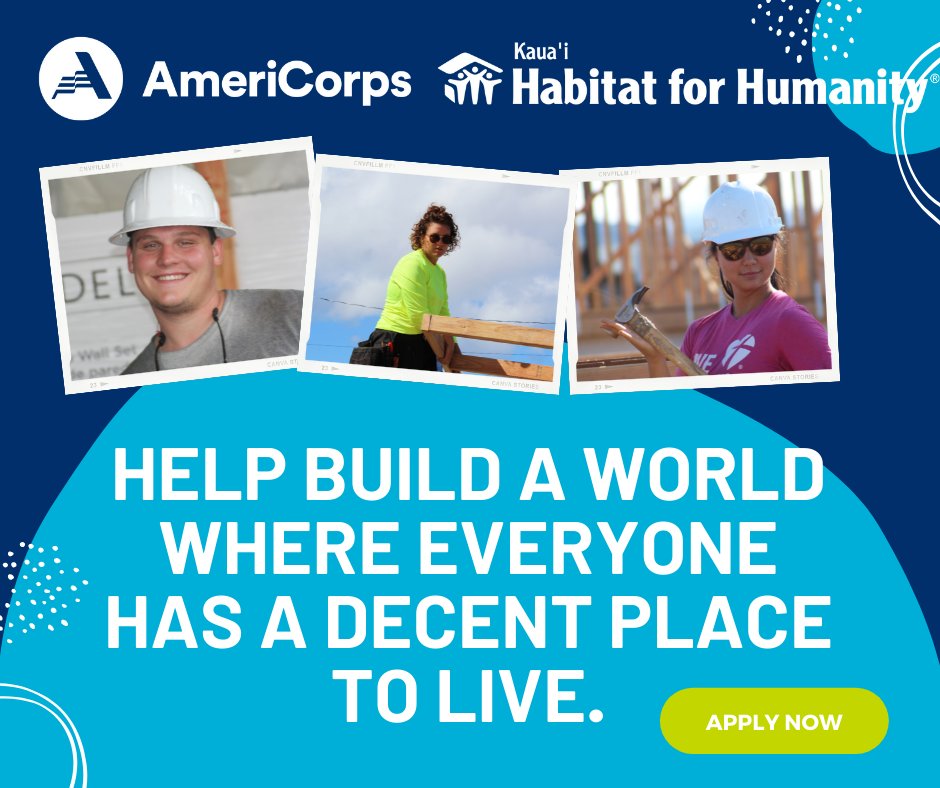 KauaiHabitat's tweet photo. Kaua‘i Habitat for Humanity is looking for an AmeriCorps Construction Crew Leader for the 2026–27 service year. Learn more & apply: https://t.co/XG3Sfke9aL
#AmeriCorps #KauaiHabitat #Kauai #HabitatForHumanity https://t.co/dvBdTAi5Ah