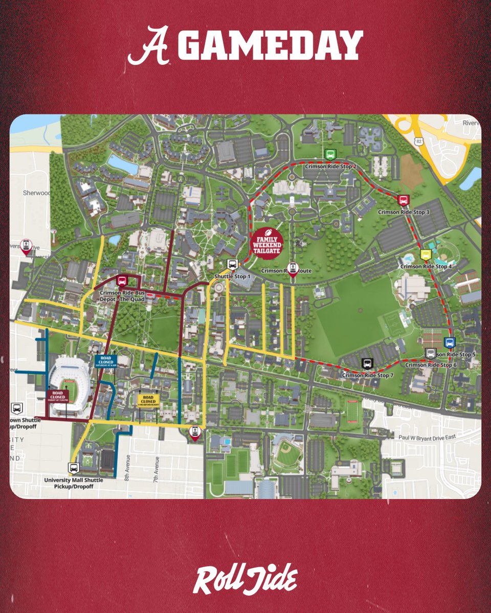uagameday's tweet photo. Looking for the Family Weekend Tailgate? Take the Crimson Ride Shuttle to Stop 1 from public parking or use 315 Hackberry Lane for walking directions! 🚍

🎟️Family Weekend Tailgate is a ticketed, sold-out event

#RollTide #BamaGameday https://t.co/YUJwEPEMsA