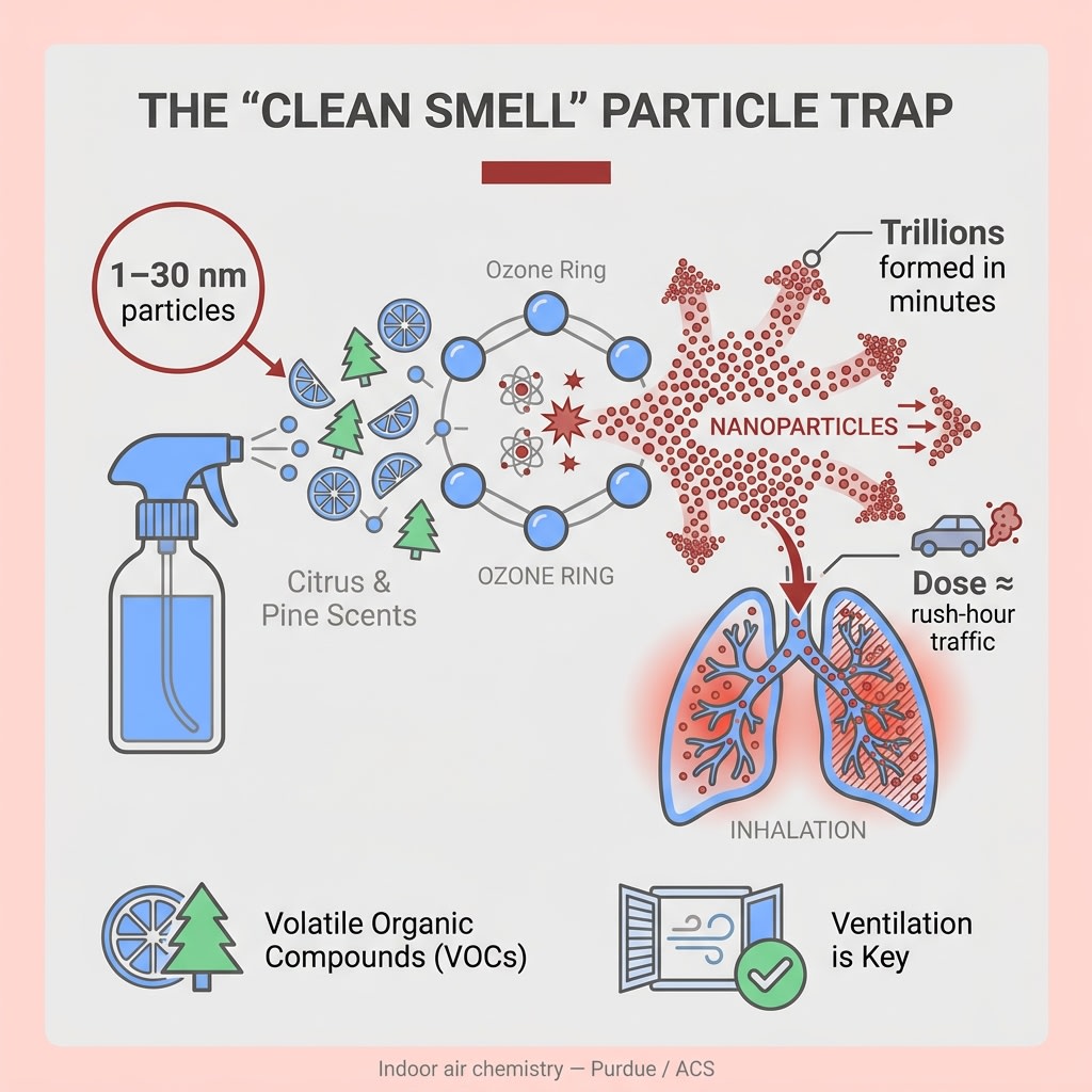 DrSciora's tweet photo. That 'fresh clean' smell? It may be filling your lungs with nanoparticles 🧼 Citrus &amp; pine scents react with indoor ozone, forming trillions of invisible particles in minutes — a dose that can rival rush-hour traffic.

#IndoorAirQuality #Chemistry #Health https://t.co/cjlyLK4RVl