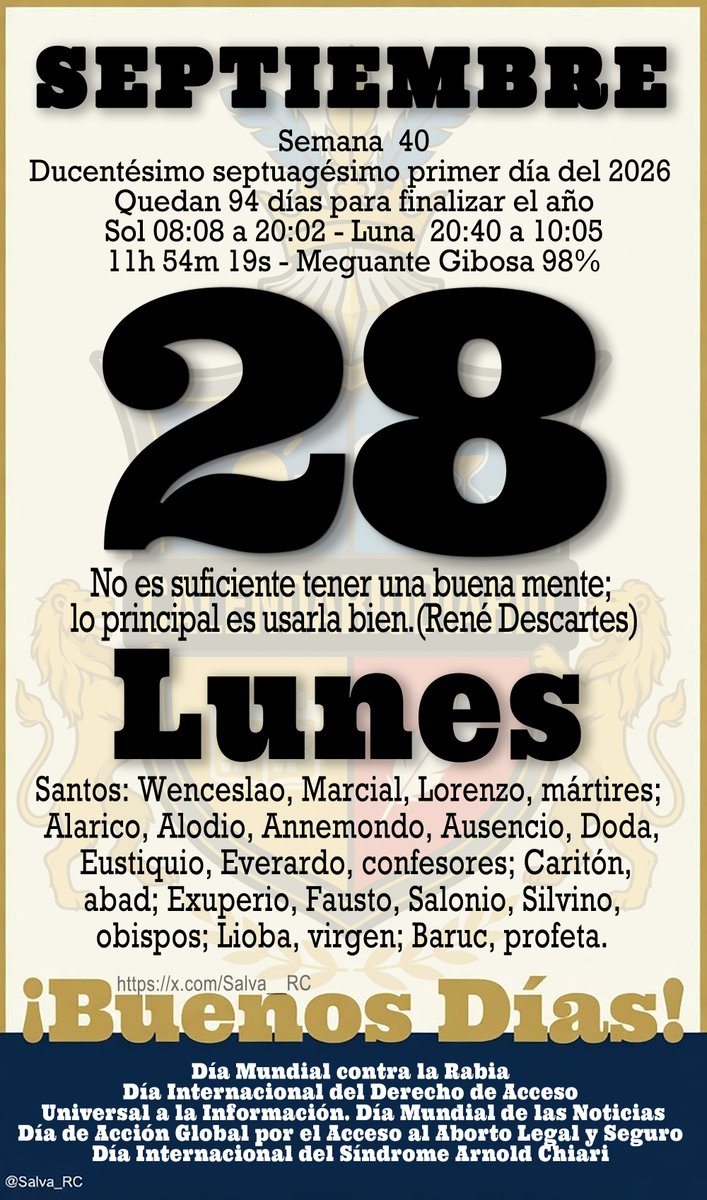 Salva__RC's tweet photo. #LaHojaDelAlmanaque #Almanaque2026 #Calendario #Calendariodiario #FraseDelDía #Santoral #Sol #Luna #Efemérides #TalDíaComoHoy #UnDíaComoHoy #Cultura #28DeSeptiembre #BuenosDías https://t.co/mPK0FdrfDG