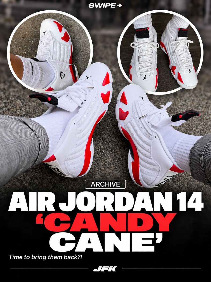 JustFreshKicks's tweet photo. The Air Jordan 14 “Candy Cane” is due for another run. 🍬🔥 https://t.co/ubmH47sjvO