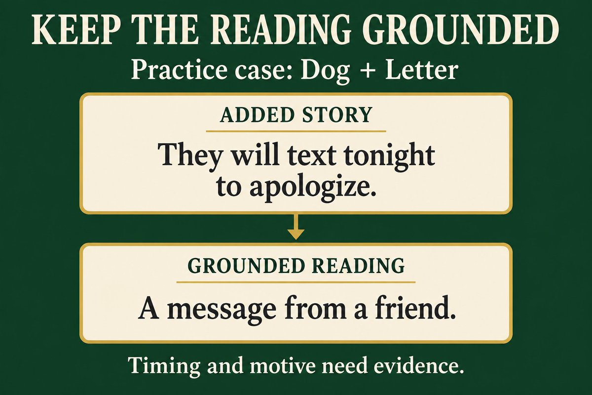 LenormandDeck's tweet photo. In Lenormand practice, a more detailed story is not automatically a better reading.

Practice case: you ask about communication while arranging a meetup and draw Dog + Letter.

One possible reading: “A message from a friend.”
Added story: “They will text tonight to apologize.”

“Tonight” adds timing; “to apologize” adds a motive. Neither follows from these two keywords alone. Keep those details separate unless the real conversation gives you evidence—and don't treat the cards as proof that a message will arrive.

Try marking each part of your sentence: card meaning, known context, or added assumption. Which part needs checking?