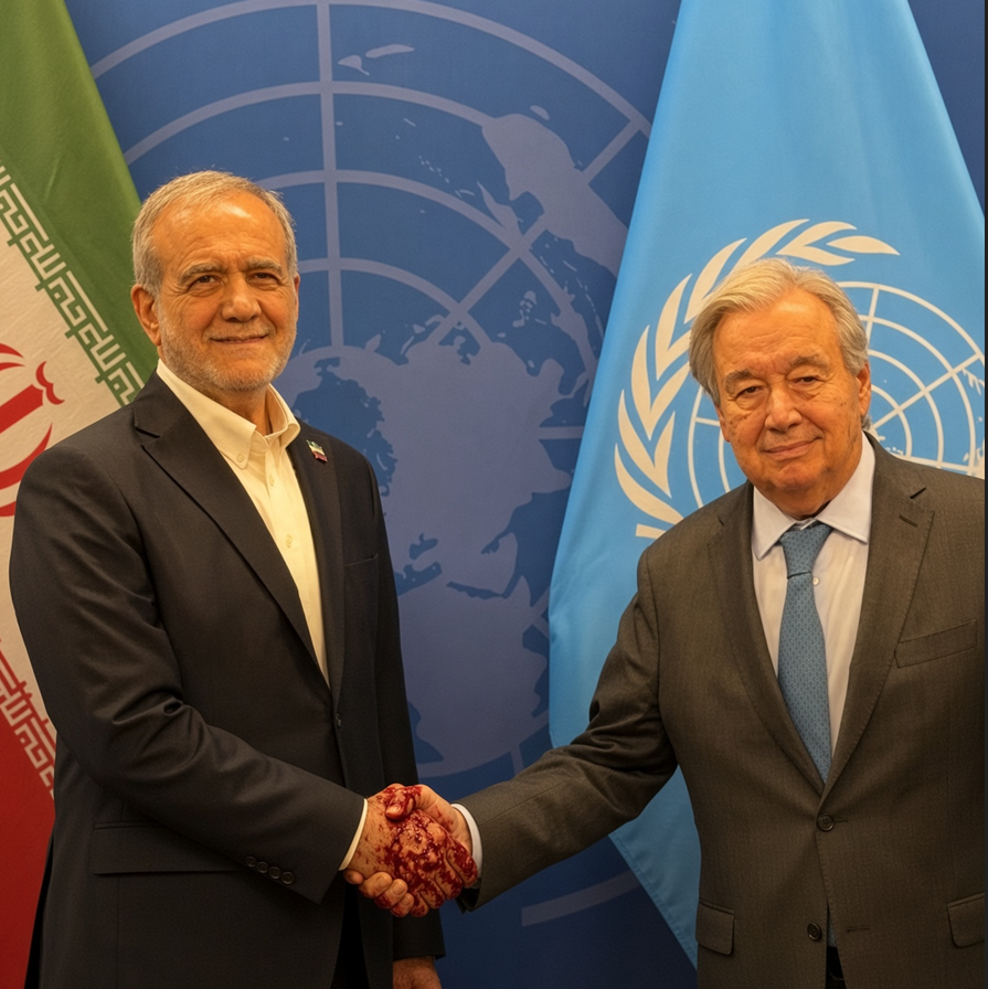 Realneo101's tweet photo. The audacity of António Guterres, the UN Secretary-General, smiling and shaking hands with Pezeshkian, whose regime slaughtered tens of thousands of unarmed Iranians simply for demanding freedom. He stood there beside their killer. The blood of the Iranian people is on his hands. He must resign.