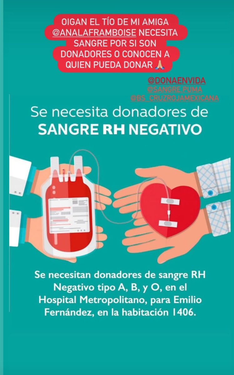 donaenvida's tweet photo. #URGENTE #CDMX #Sangre tipo O-, A- o B- para Emilio Fernández, en el Hospital Metropolitano, habitación 1406.

#DonaEnVida https://t.co/00Ja3gaVMf