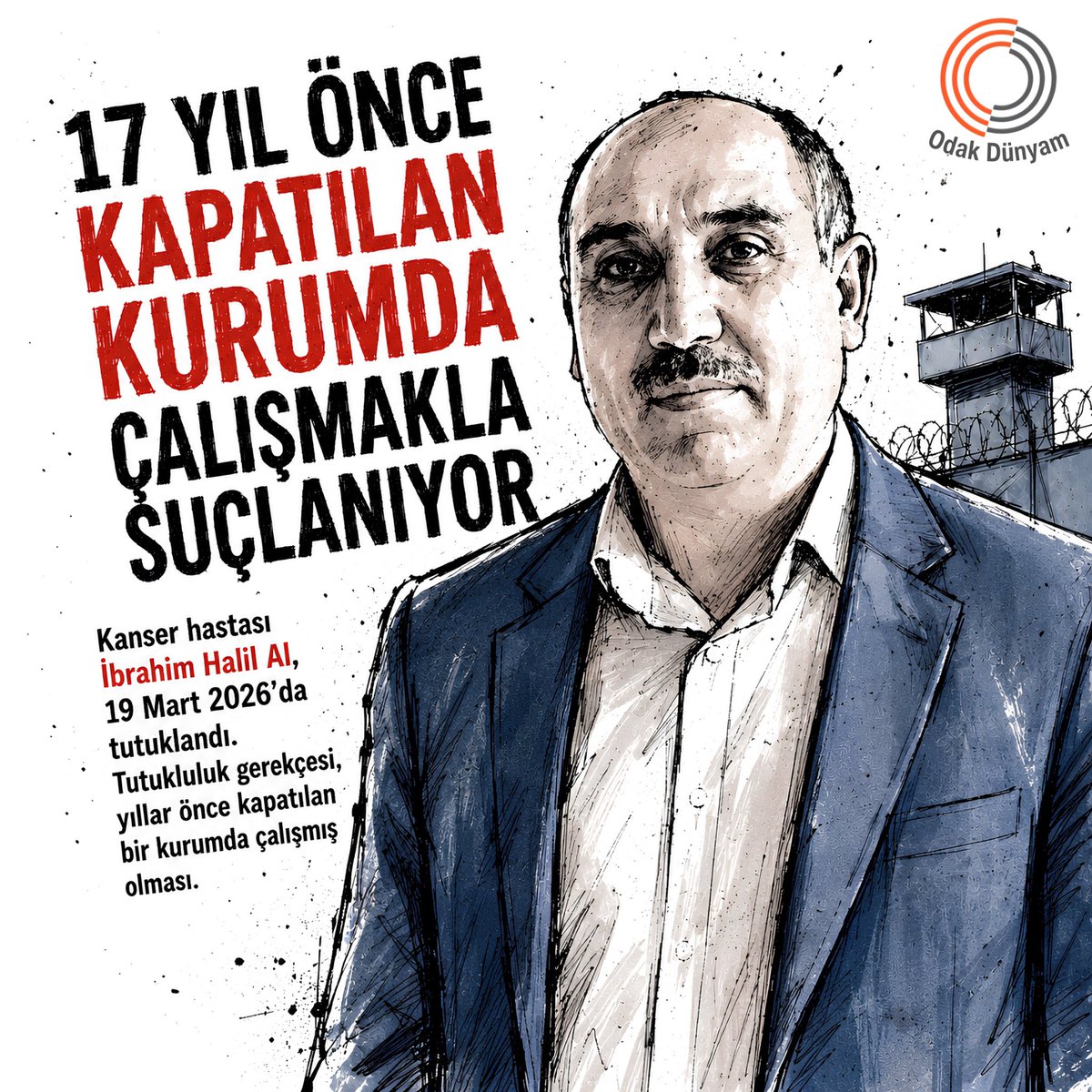 odakdunyam's tweet photo. 17 yıl önce kapısına kilit vurulmuş bir kurumda çalışmış olmak, bugün bir insanı özgürlüğünden edebilir mi? İbrahim Halil Al, 19 Mart’tan bu yana tam da bu absürt iddiayla demir parmaklıklar arkasında.

Vicdanlar Konuşsun https://t.co/L0pP6O2tG8