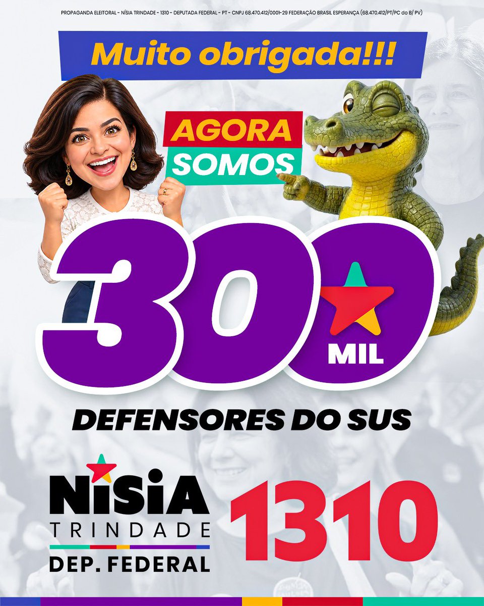 nisia_trindade's tweet photo. Muito obrigada!

Já somos 300 mil defensores do SUS! Cada apoio, cada mensagem e cada pessoa que se soma a essa caminhada me dá ainda mais força para seguir defendendo a saúde pública, a ciência e o nosso SUS.

Nísia Trindade 1310
Mais Saúde, Mais Ciência, Mais Futuro.

#MaisSaúde ❤️
#MaisCiência 🧬
#MaisFuturo 🌎

-

PROPAGANDA ELEITORAL - NÍSIA TRINDADE - 1310 - DEPUTADA FEDERAL - PT - CNPJ 68.470.412/0001-29 FEDERAÇÃO BRASIL ESPERANÇA (68.470.412/PT/PC do B/ PV)