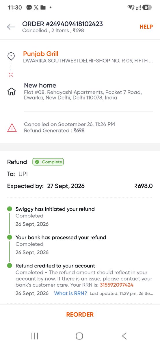 mitu1974's tweet photo. placed and paid for my food order at 9:30 PM. Despite repeatedly following up for two hours, you cancelled the order at 11:30 PM without delivering it.
This is the second consecutive time you have failed to deliver my order. As a cancer survivor with ongoing 
@Swiggy https://t.co/MUdt4RsmGg