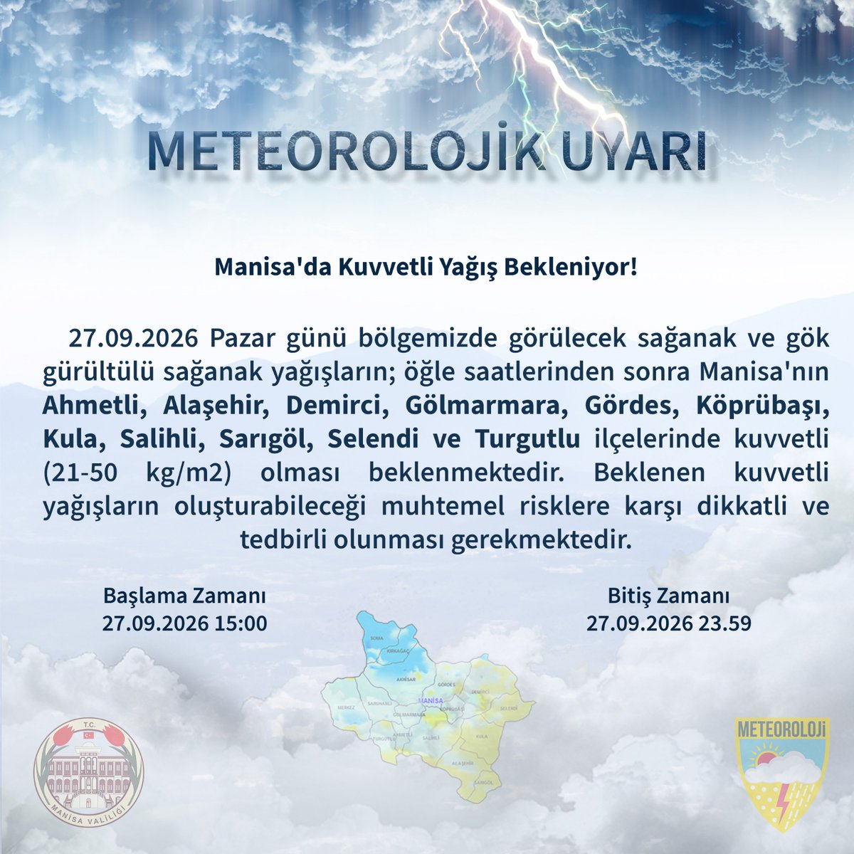 ManisaValiligi's tweet photo. Manisa'da Kuvvetli Yağış Bekleniyor!⛈️⛈️ https://t.co/pU7aLhIsbr