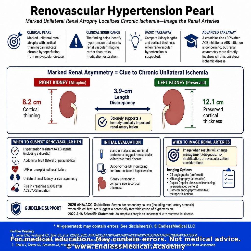 EndlessMedical's tweet photo. 📿 Medical Pearl

Category: Hypertension > Renovascular Hypertension and Kidney Artery Disorders > Medical Management Strategies for Renovascular Hypertension

Marked unilateral renal atrophy with cortical thinning can indicate chronic hypoperfusion from renovascular disease.

Clinical significance: The finding helps identify hypertension that merits renal vascular imaging rather than reflex medication escalation alone.

Basic takeaway: Compare kidney lengths and cortical thickness when renovascular hypertension is suspected.

Advanced takeaway: A creatinine rise greater than 30 percent after ACE inhibitor or ARB initiation is concerning, but renal asymmetry more directly localizes chronic unilateral ischemic disease.

🎬 Watch the video explanation: https://t.co/yYiwRhuL7H

🔗 Learn more: https://t.co/2LttR1LdgD

#MedSchool #NursesOfTwitter #Healthcare

@TheLancet @bmaboreddr

Dig deeper on this topic at https://t.co/ofNUUCifgT, where multiple AI models debate, cross-check references, and verify calculations to give you the most updated and accurate medical information with minimal hallucinations and errors.

Further reading:

1. 2025 AHA/ACC/AANP/AAPA/ABC/ACCP/ACPM/AGS/AMA/ASPC/NMA/PCNA/SGIM Guideline for the Prevention, Detection, Evaluation and Management of High Blood Pressure in Adults - (2025) - by Jones DW, Ferdinand ...
Confidence: 100%
Educational value: Supports understanding of the medical concepts in the question.
https://t.co/WSuIJeObOZ

2. Revascularization for Renovascular Disease: A Scientific Statement From the American Heart Association - (2022) - by Bhalla V, Textor SC,...
Confidence: 100%
Educational value: Supports understanding of the medical concepts in the question.
https://t.co/wB8aUPMzSq

Links to sources are provided for optional further reading only.

Verified, approved and authored using AI by Lukasz Kiljanek MD, board-certified in Internal Medicine, Nephrology and Hypertension
*For medical education. May contain errors. Intended for licensed healthcare professionals & educators. Not medical advice. Full disclaimer: https://t.co/d57C8xdFf2