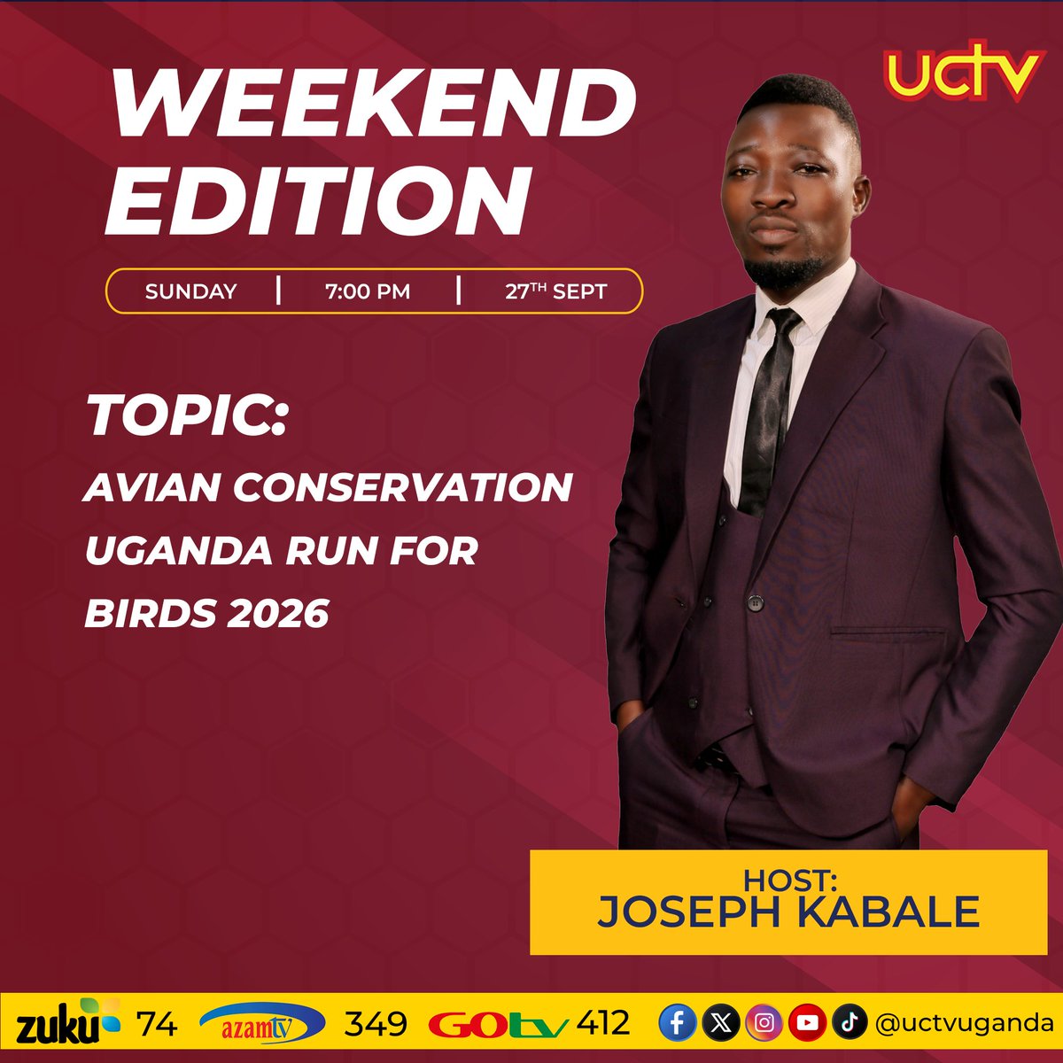 uctvuganda's tweet photo. Join us this Sunday on UCTV Weekend Edition

Topic: Avian Conservation Uganda Run for Birds 2026

Guests
Collins Dismus Namara - CEO Avian Conservation Uganda
Johnson Twinomujuni - Education &amp; Conservation Officer- Avian Conservation Uganda
#RunForBirds #AvianConservationUganda https://t.co/B4RSpivJi8