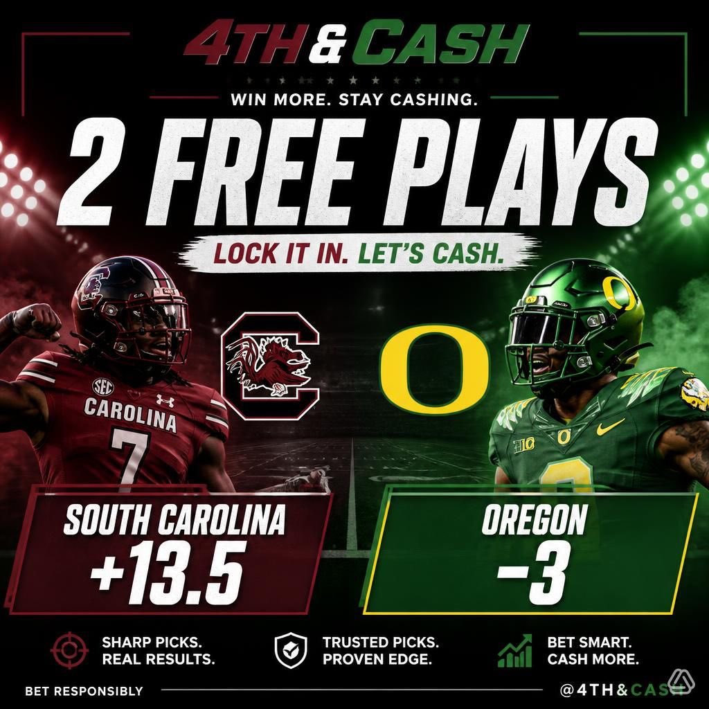 4thandcash's tweet photo. 2 FREE PLAYS 🏈

South Carolina +13.5
They’ve kept it close with Alabama in recent years. Expect LaNorris Sellers to step up.

Oregon -3
At 2–1, Oregon can’t afford another loss. Expect Dan Lanning and Oregon’s star power to shine. https://t.co/0HdTiWyaXK