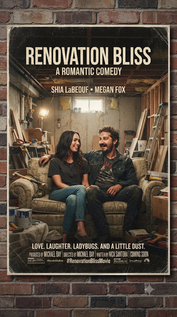 MrMovieArtist's tweet photo. #Ai #AiArt #Concept #Poster #Movie #RenovationBliss #ShiaLaBeouf #MeganFox #Romantic #Comedy #Ladybugs #Renovation #Bliss #Love #Dust #Construction #Home #Laughter #Relationship #Happiness https://t.co/OC6vqUWV5D