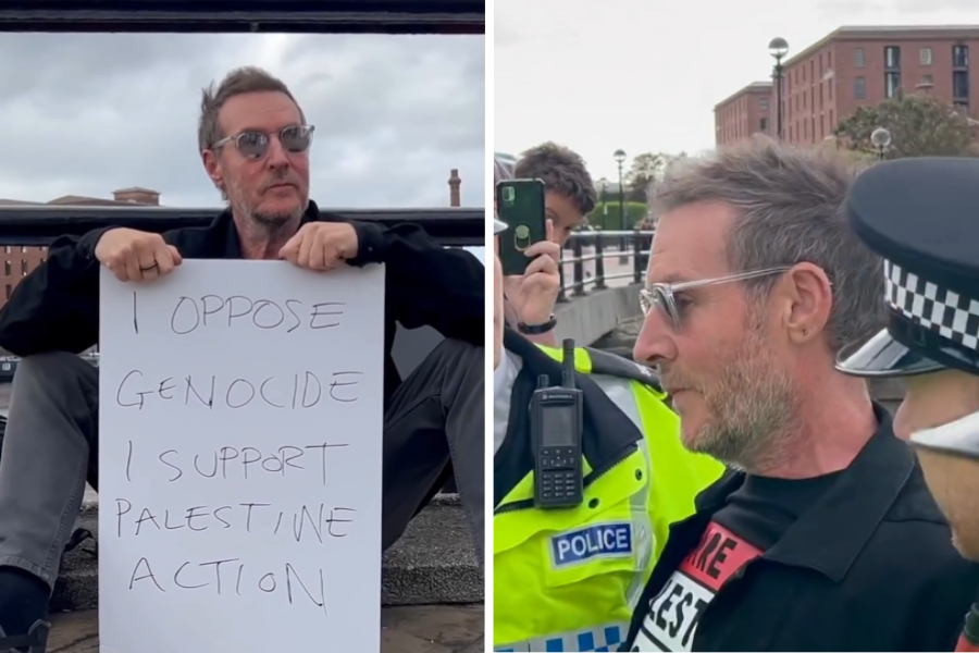 ScotNational's tweet photo. NEW: Massive Attack frontman Robert Del Naja has been arrested on suspicion of showing support for a proscribed organisation outside of Labour's part conference in Liverpool https://t.co/0vAE1li2sw