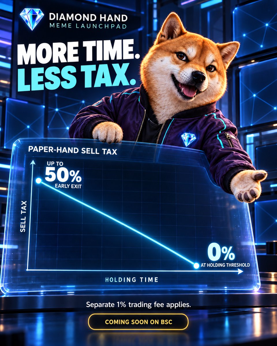 DMNDHAND_HQ's tweet photo. More holding time. Less paper-hand tax. 💎
On Diamond Hand, the tax falls linearly from up to 50% to 0% at the holding threshold. Reach it to qualify for holder rewards.
Separate 1% trading fee applies.
Coming soon on BSC.
#DiamondHand #MemeLaunchpad https://t.co/ydvMfyPVEQ