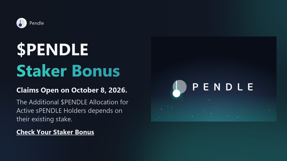 piendleth's tweet photo. @pendle_fi @orbiodotso @RobinhoodCrypto PENDLE Staker Allocation Previews Open Now.

PENDLE Holders qualify for an Additional PENDLE Allocation based on their staked balance; Claims open October 8, 2026.

See Your Allocation ↓
https://t.co/qfFWSfjK1u https://t.co/PvZ0GCdyVF