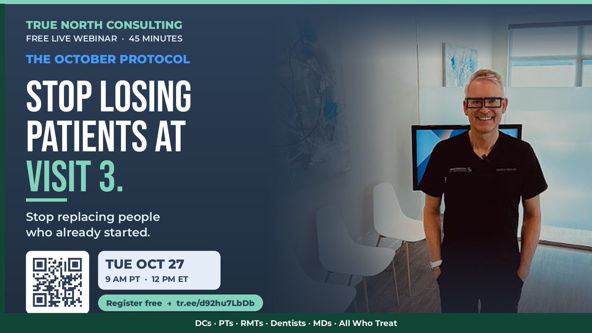drcaryyurkiw's tweet photo. Most clinics don't have a new-patient problem.
They have a visit-3 problem.
Stop replacing people who already started.
The October Protocol, a free live webinar
Tue Oct 27 · 9 AM PT / 12 PM ET
Register: https://t.co/cf0aahM9eL
#TheOctoberProtocol #PatientRetention #PracticeGrowth