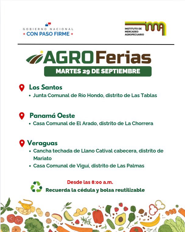 IMA_Pma's tweet photo. ¡Aquí están las Agroferias del IMA!

📍 Conoce las sedes
🕗 Desde las 8:00 a.m.
✅ Lleva tu bolsa reutilizable y tu cédula
💚 ¡Por un Panamá que consume lo nuestro!

#ConPasoFirme https://t.co/R9aZsfhiS7