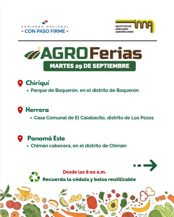 IMA_Pma's tweet photo. ¡Aquí están las Agroferias del IMA!

📍 Conoce las sedes
🕗 Desde las 8:00 a.m.
✅ Lleva tu bolsa reutilizable y tu cédula
💚 ¡Por un Panamá que consume lo nuestro!

#ConPasoFirme https://t.co/R9aZsfhiS7