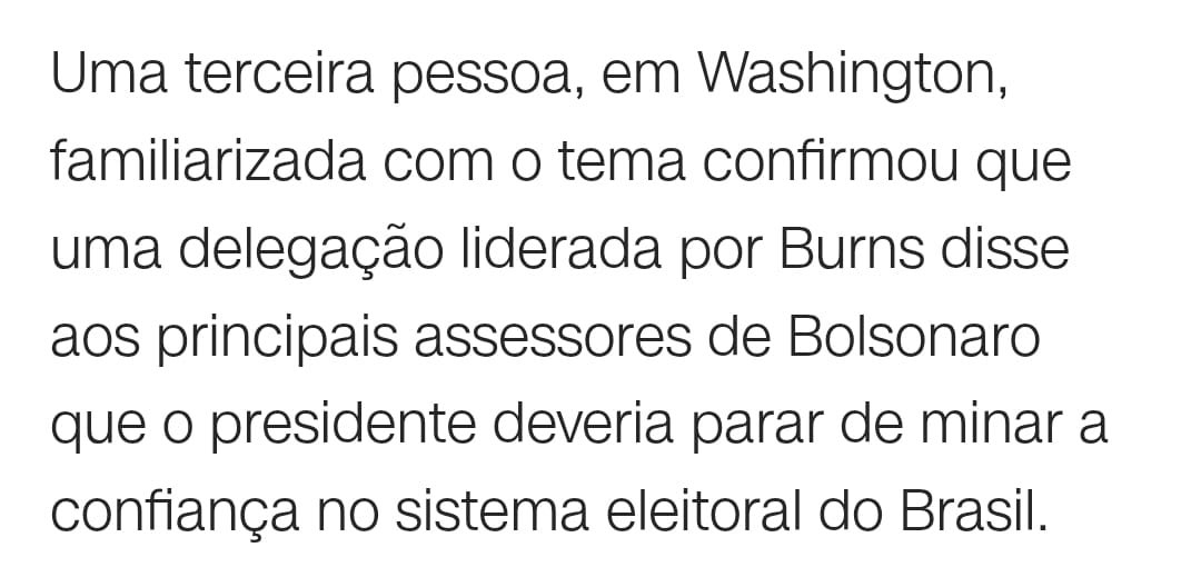 FelipePedri's tweet photo. PROVA 2: A CIA ENTRA EM CENA!

01/07/2021: o próprio diretor da CIA, William Burns, desembarcou no Brasil para uma reunião a portas fechadas com Bolsonaro e seus principais assessores. O recado foi em tom de enquadro: o governo brasileiro não deveria contestar as decisões do TSE! https://t.co/nPWm6Ct8v5
