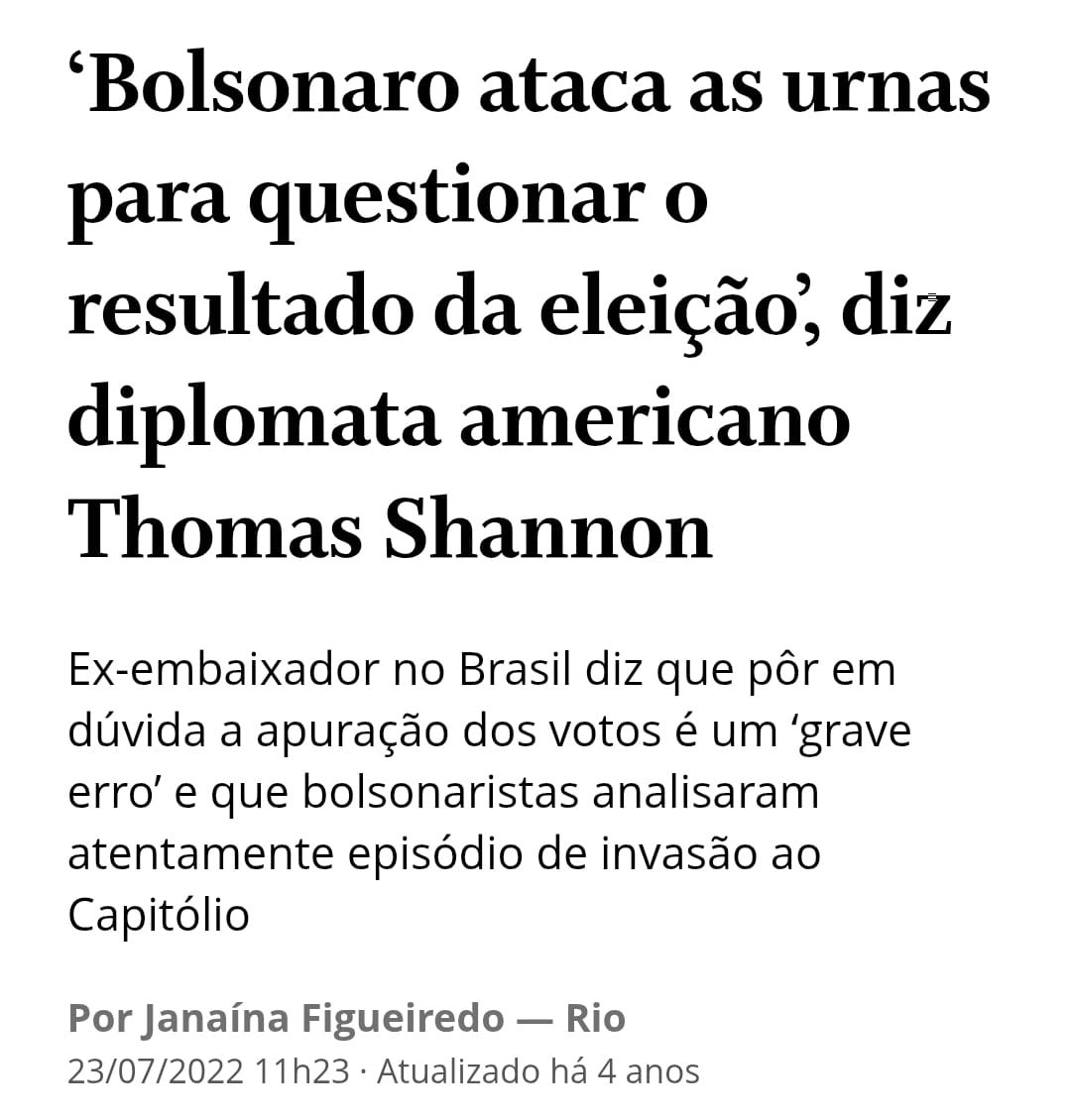FelipePedri's tweet photo. PROVA 12: O ELO ENTRE PROMESSA E REALIZAÇÃO

23/07/2022: Thomas Shannon — aquele do início da história — reapareceu em uma entrevista ao jornal O Globo. Agora disparou acusações de que Bolsonaro preparava um golpe contra a democracia e chancelou antecipadamente qualquer decisão adotada pelo TSE. Seu reaparecimento confirma que aquela vingança prometida se realizou na narrativa de golpe!