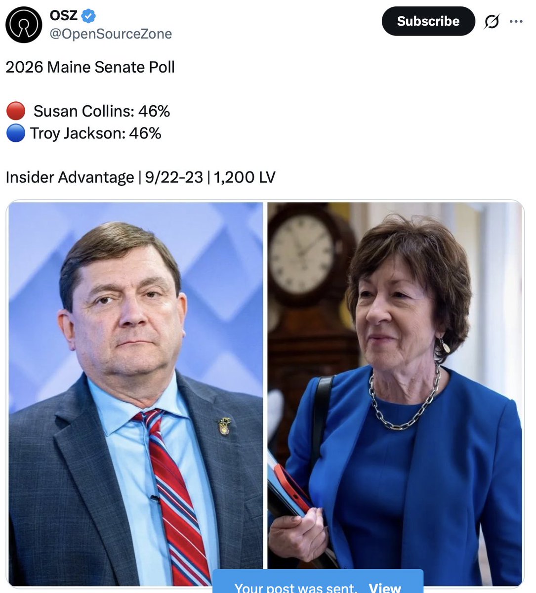1980Khoa's tweet photo. Collins is an S-tier candidate who is well-liked in ME, has an impeccable ground game, has a massive war chest and is controlling the airwaves for the final two months.  This race is lean R. https://t.co/ISdGYK2c3z