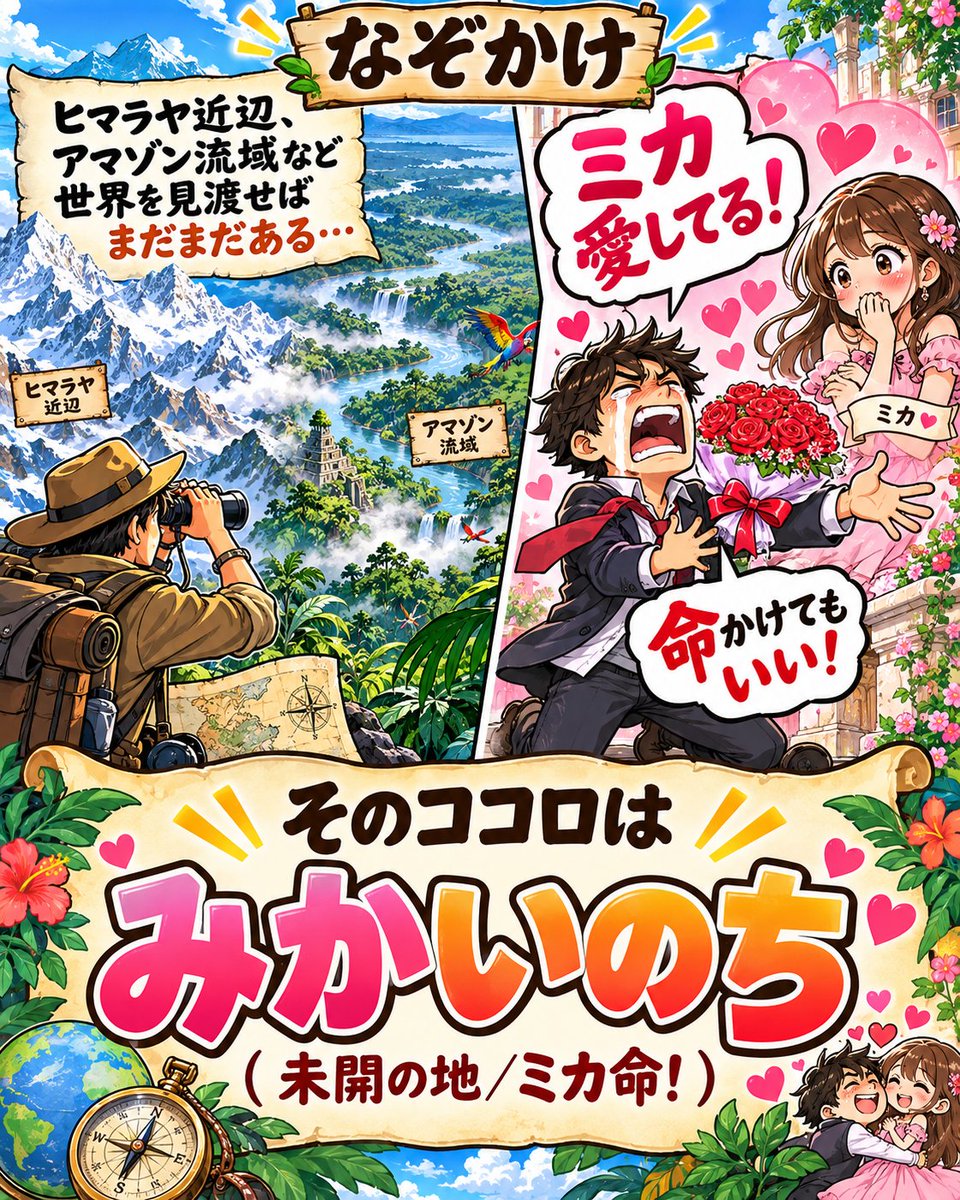 nazo_KAke002's tweet photo. なぞかけ#075[京都!]

ヒマラヤ近辺､アマゾン流域など世界を見渡せばまだまだある
とかけまして

ミカ愛してる！おまえが望むなら死んでもいい
とときます

そのココロは
みかいのち(未開の地/ミカ命！) https://t.co/FhpikpUGSs