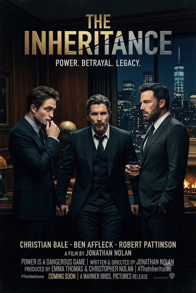 MrMovieArtist's tweet photo. #Ai #AiArt #Concept #Poster #Movie #TheInheritance #RobertPattinson #ChristianBale #BenAffleck #Power #Betrayal #Legacy #JonathanNolan #ChristopherNolan https://t.co/YO1DTHTqio