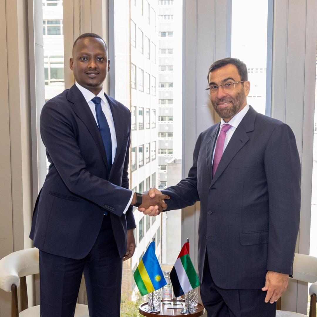 RwandaHealth's tweet photo. On the margins of #UNGA81 Minister of State @YvanButera met with HE Ahmed bin Ali Al Sayegh, UAE Minister of Health and Prevention, to discuss strengthening health cooperation between Rwanda and the UAE, including health surveillance, bioinformatics, health workforce development and manufacturing of health products.