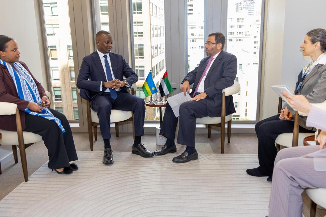 RwandaHealth's tweet photo. On the margins of #UNGA81 Minister of State @YvanButera met with HE Ahmed bin Ali Al Sayegh, UAE Minister of Health and Prevention, to discuss strengthening health cooperation between Rwanda and the UAE, including health surveillance, bioinformatics, health workforce development and manufacturing of health products.