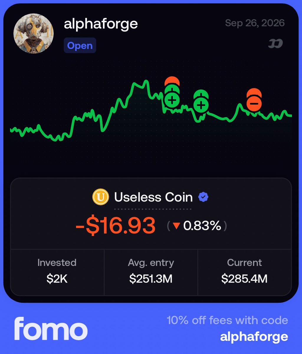 Alphaforgefomo's tweet photo. Not every position is green. 🔴

USELESS COIN — still OPEN.

Invested: $2K
Avg. entry: $251.3M MC
Current: $285.4M MC
PnL: -$16.93 (-0.83%)

Real portfolio. Real P&amp;L. No cherry-picking.

$500 → $50K challenge continues. 🎯

Fomo: alphaforge
10% off fees: alphaforge

#Crypto https://t.co/ROVGE53lCQ
