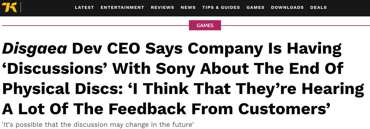 DoesItPlay1's tweet photo. KEEP THE PRESSURE ON SONY!

In a recent Kotaku interview NIS CEO Saruhashi says that Sony "is hearing a lot of feedback from players" and that things might not be as set in stone as parts of the industry want you to believe regarding the future of physical media. https://t.co/J93DQhJQ74