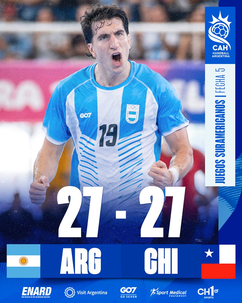 CAHandball's tweet photo. ¡LOS GLADIADORES, CAMPEONES SURAMERICANOS! 🇦🇷🥇

Los dirigidos por Rodolfo Jung cerraron un torneo perfecto igualando ante Chile 🇨🇱, se consagraron campeones invictos de los Juegos Suramericanos Santa Fe 2026 y festejaron el título ante un estadio repleto. https://t.co/434TpTGWBD