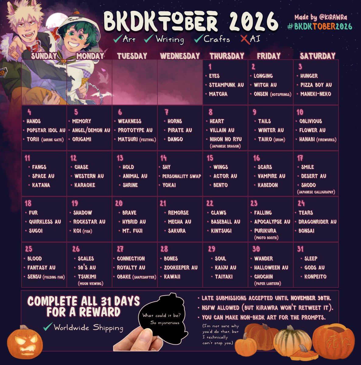 KiRAWRart's tweet photo. 🍃🍂 Get ready for a very BakuDeku-ful October! 🍃🍂
31 days of BkDk prompts you can draw, write, and craft for. Take it easy and have fun, but if you manage to complete all 31 days, you win a prize! 

Tag your contributions #BKDKtober2026 ! 🎃 https://t.co/Kp7JV5u97s