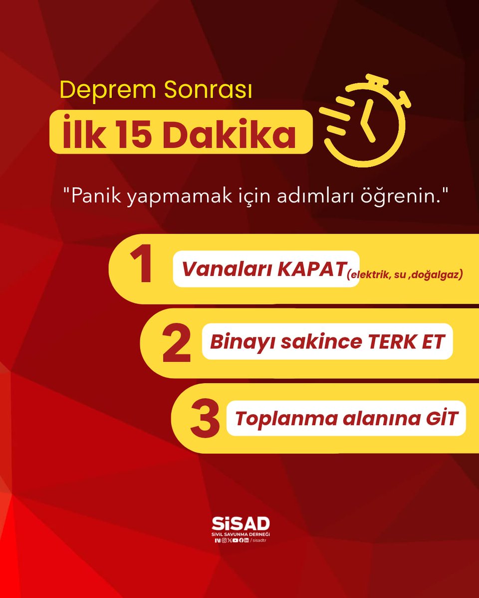SisadTR's tweet photo. Bu önemli bilgiyi sevdikleriyle paylaşarak onların da farkındalığını artır, bu kurallara dikkat etmesini istediğin kişileri yoruma etiketle. 🤝👇

#SİSAD #Afad #DepremSonrası #İlk15Dakika #DepremGüvenliği #AfadHazırlık https://t.co/q6xq2XpPKu