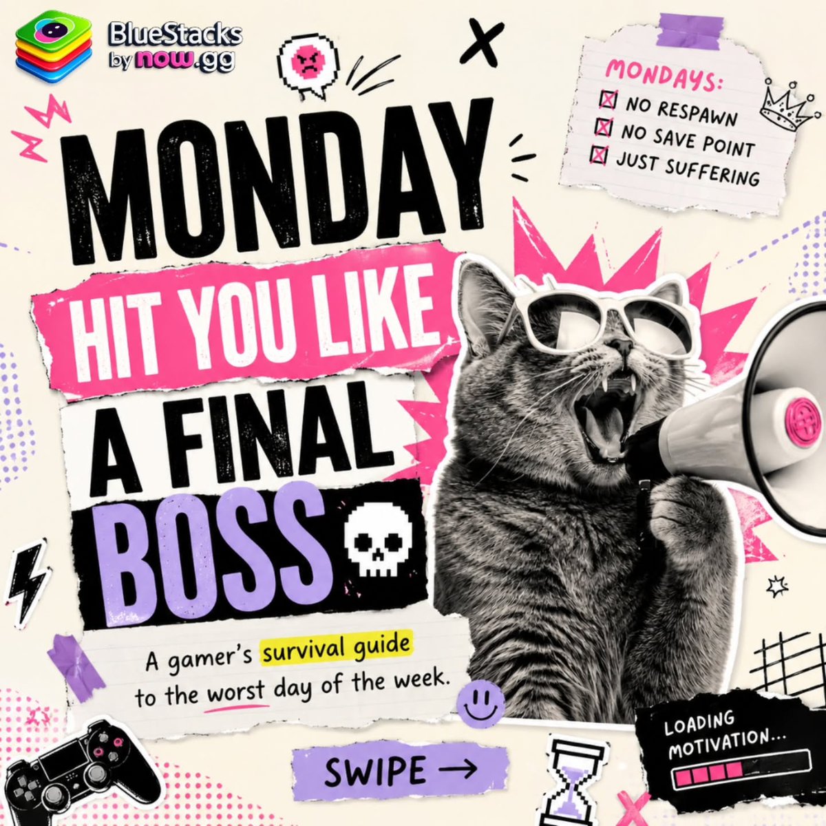 oliviajonesrfbr's tweet photo. Monday hit differently today, and not in a good way. No respawn, no save point—just suffering. But your favorite BlueStacks games have respawns. Swipe for a gamer’s survival guide to the worst day of the week. Drop “dead” if Monday already wrecked https://t.co/TYocgKE8mt
