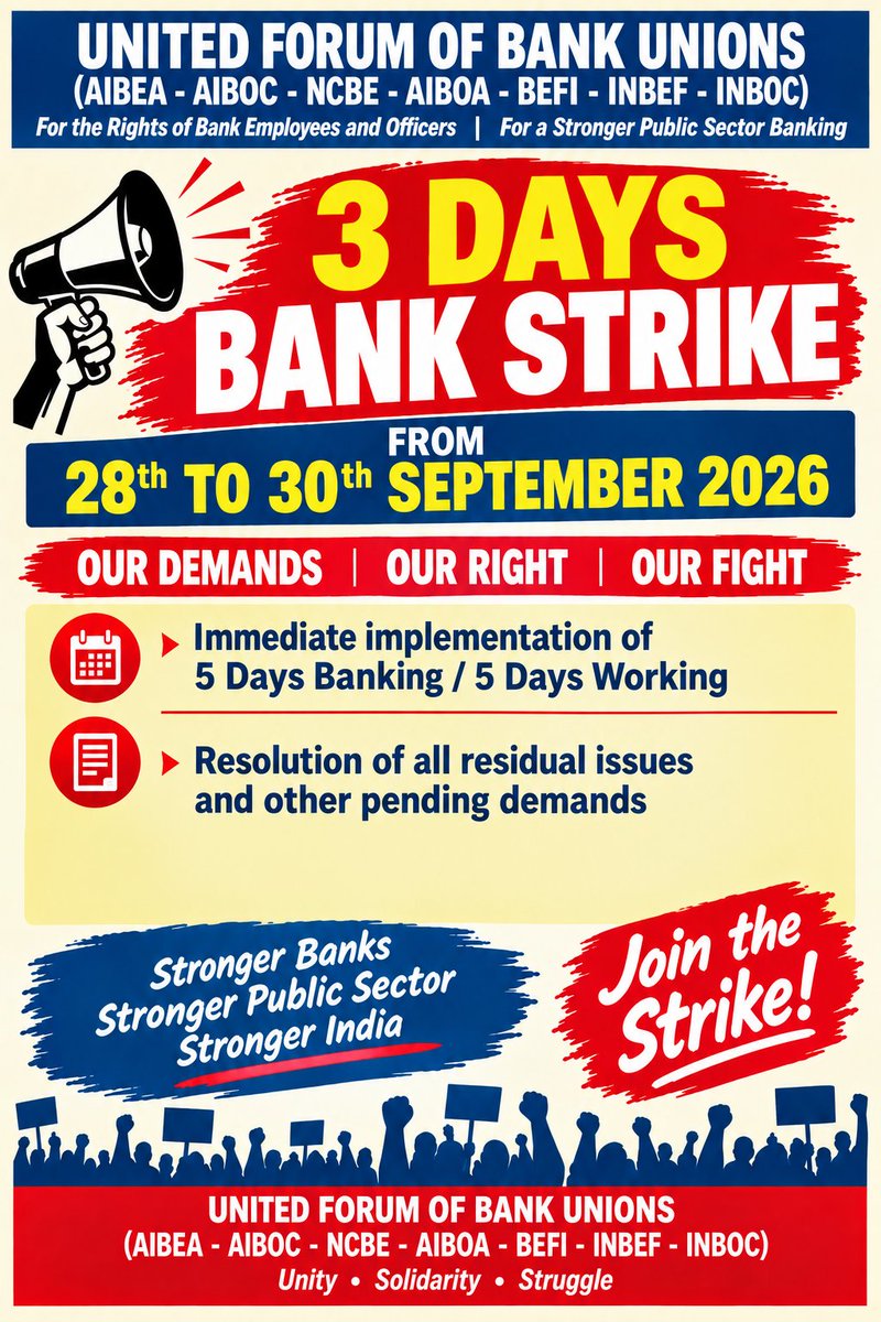 Anirudh86074091's tweet photo. Why the Govt and bank managements have pressed the panic  button ?UFBU  demands  implementation of 05 days banking .Do not  intimidate ,we are  more  committed towards better customer service and stronger public sector banking. 
#5DAYBANKINGNOW 
#UFBU 
#Bankstrike
#AIBEA https://t.co/oo9S3ZAfsW