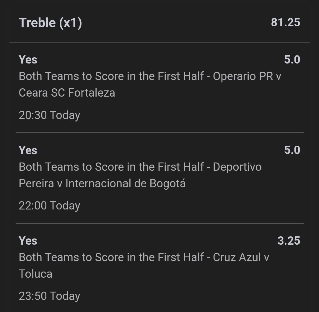 Flutterpunt's tweet photo. Treble 🇧🇷 🇨🇴 🇲🇽 

BTTS First-Half 

Odds @ 81.25 🚀

BTTS Full time the safer line obvs 🍀 https://t.co/7xADqJjl2E