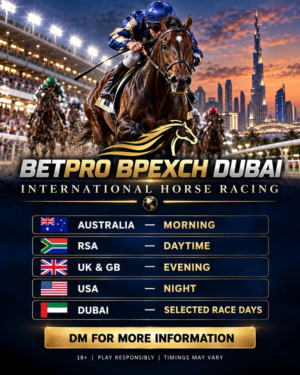 betproexchdubai's tweet photo. ๐ International horse racing on BetPro BPEXCH Dubai
๐
Australia โ Morning
๐ฟ๐ฆ RSA โ Daytime
๐ UK & GB โ Evening
๐ USA โ Night
๐ฆ๐ช Dubai โ Selected race days
๐ฉ DM for details
#HorseRacing #BPEXCH #dubairacingclub #wolf777 #allpanels #luckyzone #bpexch #betproexchange https://t.co/IpP5qsgXWC