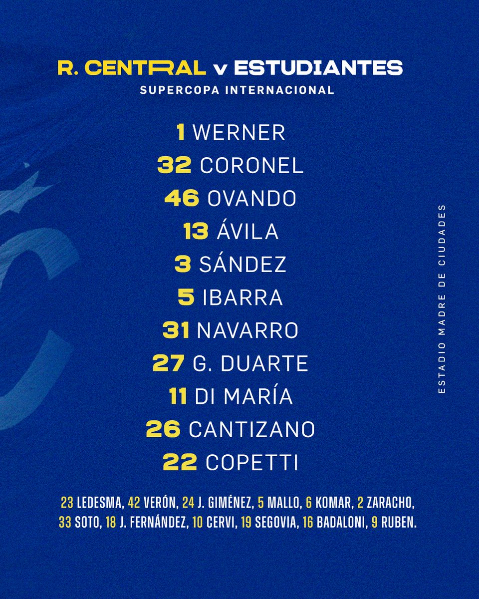 RosarioCentral's tweet photo. 📋 ASÍ FORMA EL MÁS GRANDE 

Así forma #RosarioCentral 🇺🇦 https://t.co/jHM3lrA74G