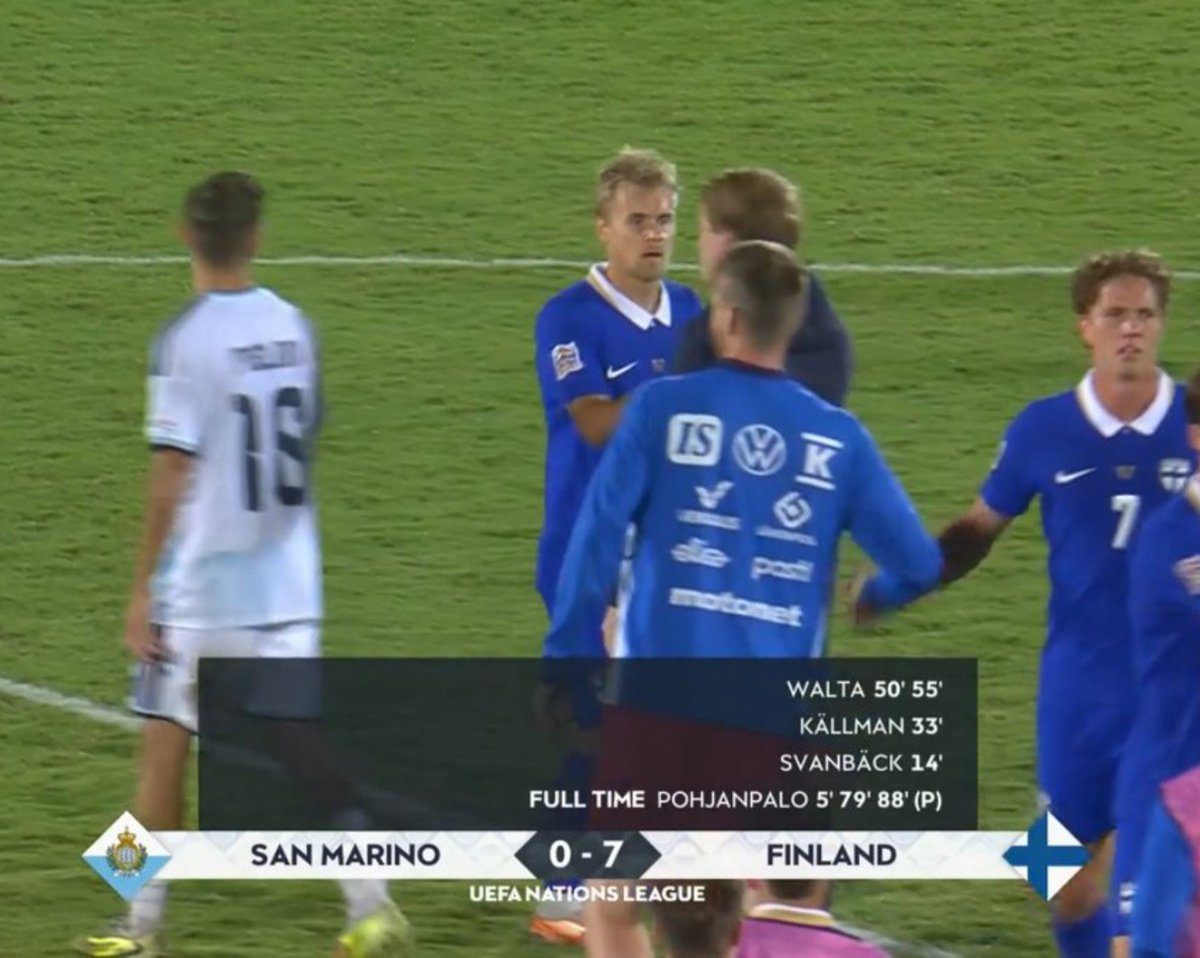 CUPID_FC's tweet photo. ๐จ SAN MARINO 0-7 FINLAND
Finland score seven goals in a dominant 7-0 away victory over San Marino in the UEFA Nations League.
@SanMarinoTeam #Finland #SMRFIN #NationsLeague https://t.co/b1cuhvG9yP