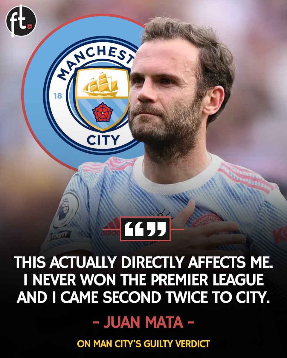 Footballtweet's tweet photo. 🇪🇸 Juan Mata has his say on the Manchester City case:

🗣️ "This actually directly affects me. I've been lucky enough to play many games and win many trophies but I never won the Premier League or have I now? Actually twice because I came second twice to City in those years. 

I don't know what is going to happen, but whoever has been cheating has to be punished."