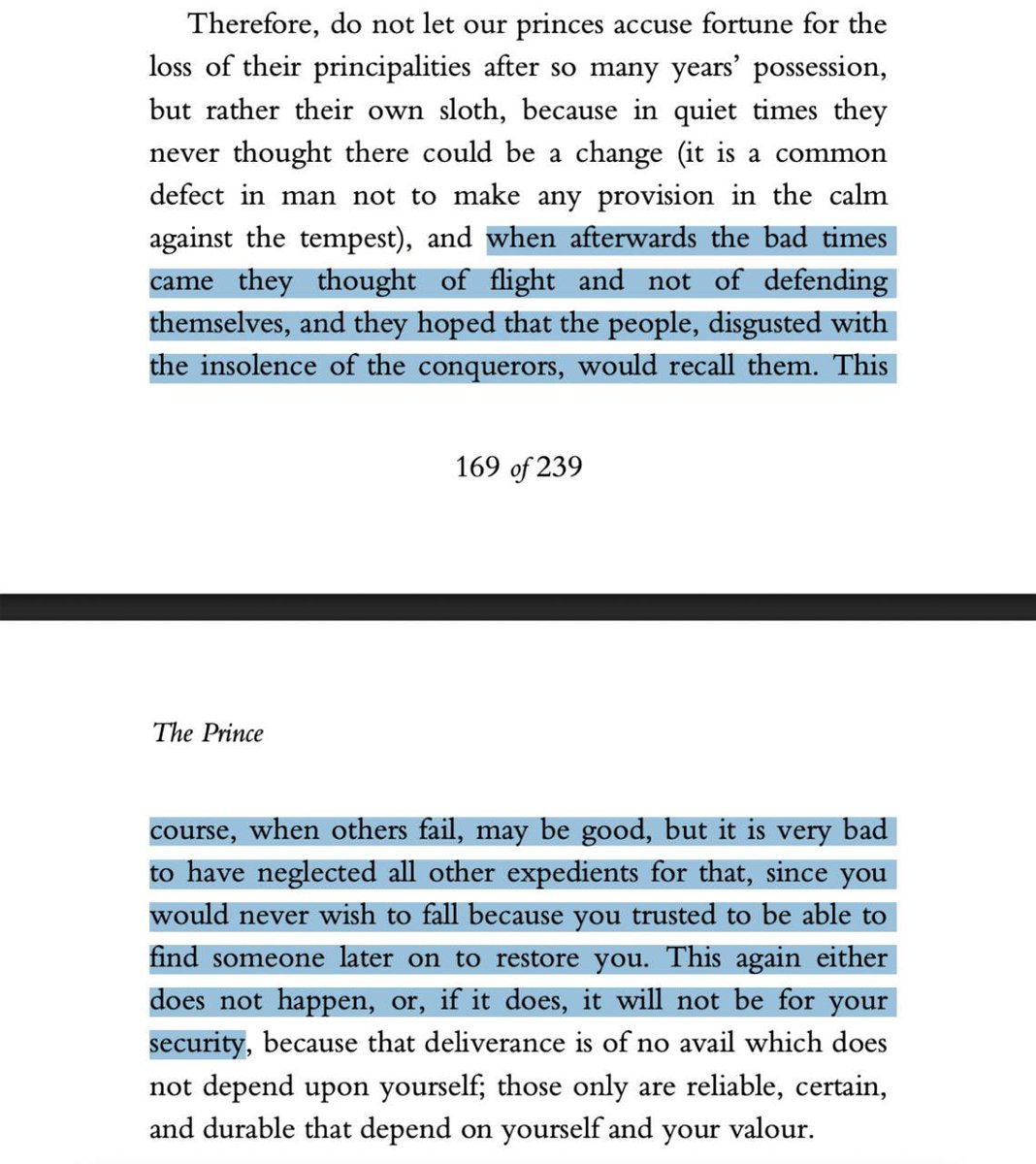 KaiserLoengramm's tweet photo. Machiavelli writes in The Prince that you should never rely on losing deliberately so that way people will want to restore you. This can only work if literally all other options fail and you lost anyways, and if not they will never restore you. 

In other words, letting Democrats win because you hope Republicans will then give you power or because it will cause the system to collapse and then you rise to the top is a really, really dumb idea. 

You must exhaust literally all expedient options to continue to maintain or to take control rather than simply rely on losses to somehow result in a win. Important stuff.