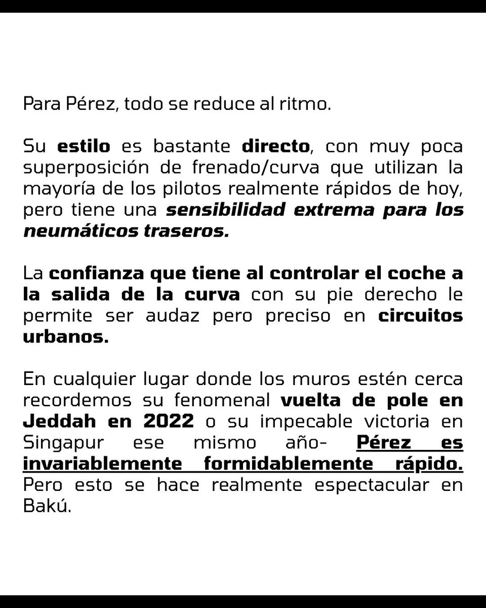 Checo_kingdom's tweet photo. Su estilo es bastante directo, con poca superposición de frenado/curva que utilizan pilotos rápidos de hoy, y tiene una sensibilidad extrema para los neumáticos traseros.

La confianza que tiene al controlar el coche a la salida de la curva que le permite ser audaz y preciso. https://t.co/aG56X6T4NN