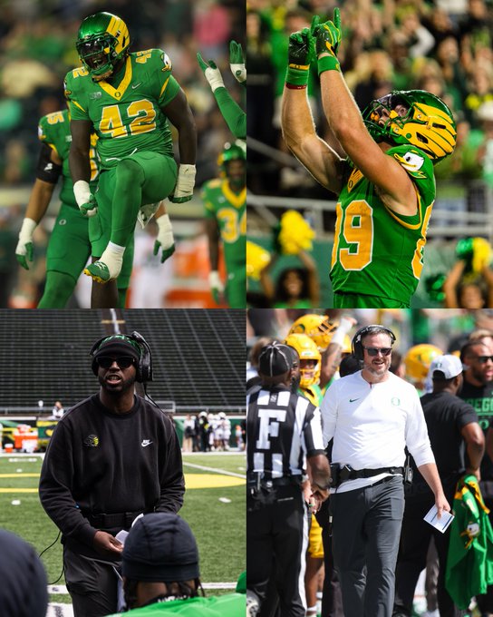 The image is a four-panel collage featuring Oregon Ducks football: a player wearing jersey #42 celebrates, a player in jersey #9 raises his arms triumphantly, defensive coordinator Chris Hampton is shown on the sideline in a black Nike pullover, and head coach Dan Lanning walks the field wearing a white Ducks polo. The collage corresponds to the post's pregame interviews featuring WR Brady Bidwell, DL Aydin Breland, DC Chris Hampton, and HC Dan Lanning ahead of kickoff.