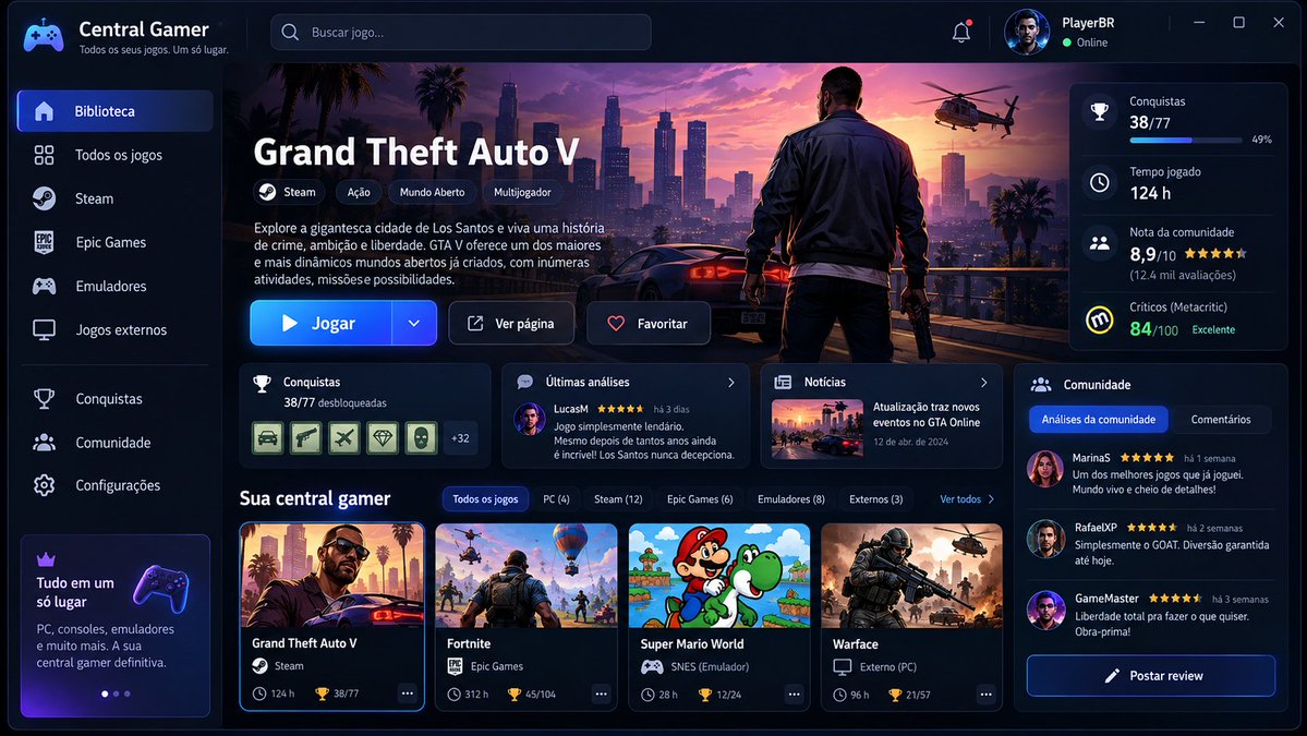 Duda_GamerVT's tweet photo. O que acha da ideia ?

Como vocês sabem, sou programadora e estou pensando  em um projeto novo. 

A ideia nasceu de um problema simples: às vezes a gente perde tempo procurando onde um jogo está instalado, ou precisa abrir a Steam, depois a Epic Games, depois outro launcher, ou até uma pasta separada para jogar em emulador.

Meu projeto quer resolver isso criando um launcher único para todos os seus jogos.

A ideia é que o programa detecte os jogos instalados no seu PC  Steam, Epic Games, jogos externos e também emuladores  e organize tudo em uma única biblioteca.

 Você abre o launcher, escolhe o jogo e clica em Jogar. O sistema cuida do resto por trás.

Cada jogo também terá sua própria página, com informações como nota da comunidade, avaliações, análises dos jogadores, conquistas, tempo jogado e outras estatísticas. Os usuários poderão dar uma nota, escrever sua própria análise e conversar sobre aquele jogo.

Além disso, cada jogador terá um perfil próprio mostrando conquistas desbloqueadas, jogos recentes, horas jogadas, plataformas conectadas, jogos favoritos, avaliações publicadas e outras estatísticas.

No futuro, a ideia é transformar tudo isso em uma espécie de central gamer + rede social, onde sua biblioteca inteira fica organizada em um só lugar.