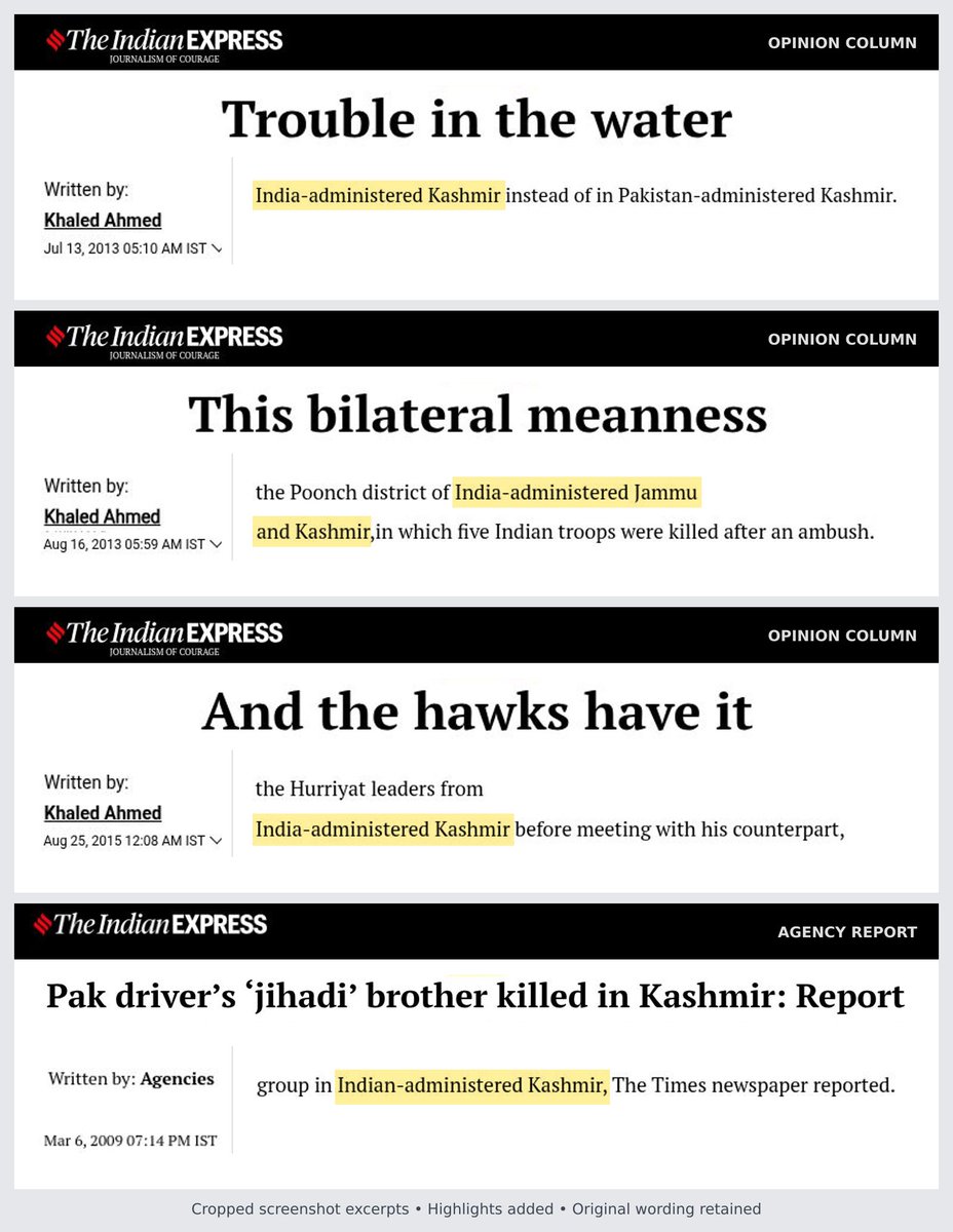 mujifren's tweet photo. Indian Express the newspaper that tried to do a hit job on Election Commission, uses "Indian Administered Kashmir" for Indian state of Jammu and Kashmir

My team has dug out 16 News Reports and Articles where Indian Express used the term "Indian Administered Kashmir"

It also uses "Pak Administered Kashmir" instead of Pak Occupied Kashmir (PoK)