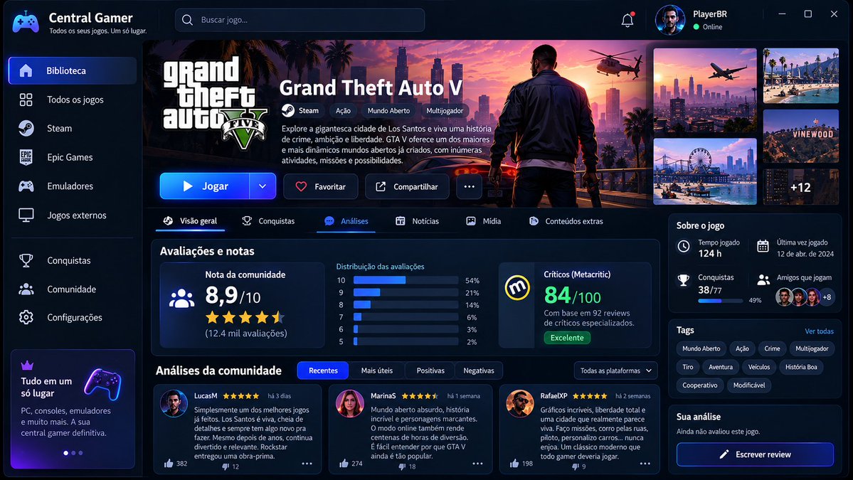 Duda_GamerVT's tweet photo. O que acha da ideia ?

Como vocês sabem, sou programadora e estou pensando  em um projeto novo. 

A ideia nasceu de um problema simples: às vezes a gente perde tempo procurando onde um jogo está instalado, ou precisa abrir a Steam, depois a Epic Games, depois outro launcher, ou até uma pasta separada para jogar em emulador.

Meu projeto quer resolver isso criando um launcher único para todos os seus jogos.

A ideia é que o programa detecte os jogos instalados no seu PC  Steam, Epic Games, jogos externos e também emuladores  e organize tudo em uma única biblioteca.

 Você abre o launcher, escolhe o jogo e clica em Jogar. O sistema cuida do resto por trás.

Cada jogo também terá sua própria página, com informações como nota da comunidade, avaliações, análises dos jogadores, conquistas, tempo jogado e outras estatísticas. Os usuários poderão dar uma nota, escrever sua própria análise e conversar sobre aquele jogo.

Além disso, cada jogador terá um perfil próprio mostrando conquistas desbloqueadas, jogos recentes, horas jogadas, plataformas conectadas, jogos favoritos, avaliações publicadas e outras estatísticas.

No futuro, a ideia é transformar tudo isso em uma espécie de central gamer + rede social, onde sua biblioteca inteira fica organizada em um só lugar.