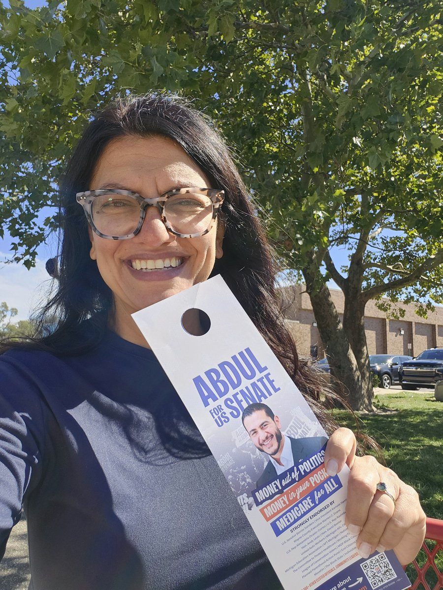 RashidaTlaib's tweet photo. We are out here working hard to elect @AbdulElSayed. I am so inspired that I will finally be able to vote for a MI senate candidate who supports Medicare for All, ending endless wars, stop funding the genocide the Palestinian people + protecting our water and air. #MedicareforAll #FreePalestine