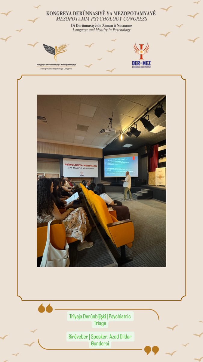 DermezKongre's tweet photo. Komxebat | Workshops

• Trîyaja Derûnbijîşkî | Psychiatric Triage
Birêveber | Speaker: Azad Dildar Gunderci

Cih: Salona Alî Emîrî ya Şaredariya Bajarê Mezin a Amedê

#MesopotamiaPsychologyCongress #DERMEZ #ZimanÛNasname #LanguageAndIdentity #Psychology #Amed https://t.co/xYxyLplKmi